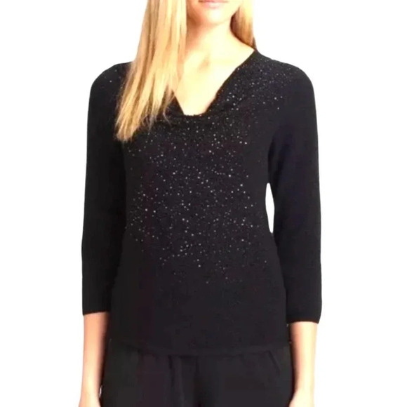 Eileen Fisher Wool Beaded Drape Cowl Neck Sweater Top Black Size XS - Picture 7 of 12